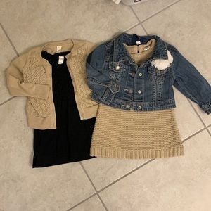 Two baby girl dress outfit bundle with cardigan and jean jacket